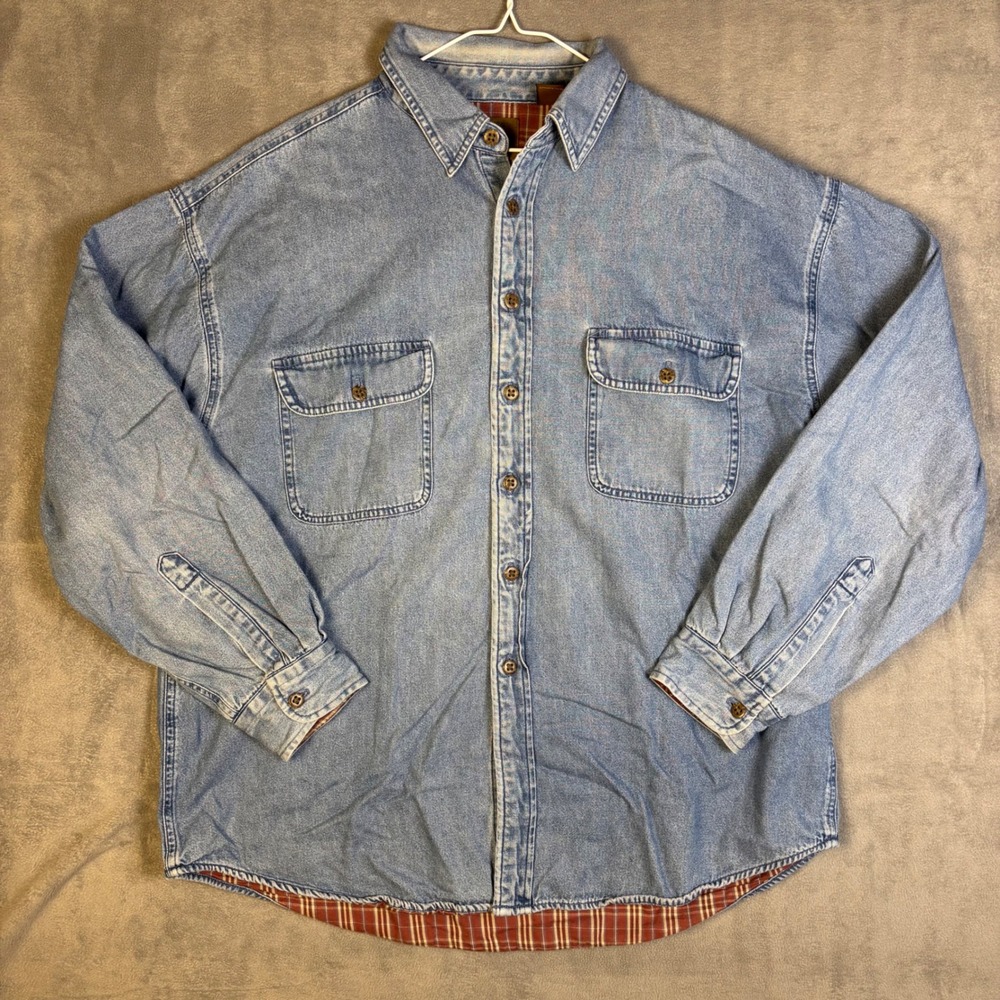 St Johns Bay Mens XL Blue Denim Flannel Lined Long Sleeve Shacket Shirt Vintage
